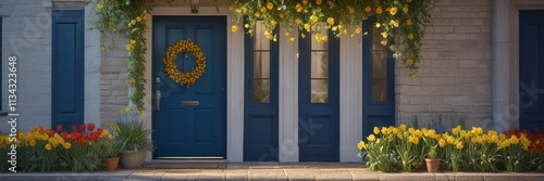 Wallpaper Mural A blue front door with a garland of daffodils and tulips wrapped around the frame, yellow flowers, home exterior Torontodigital.ca