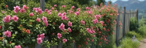 Beautifully bloomed rose hip bush near the fence line, with pink flowers, flowering hedges, shrub garden, landscaping feature