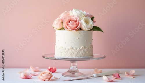 Elegant Single-Tiered Wedding Cake with Floral Decoration photo