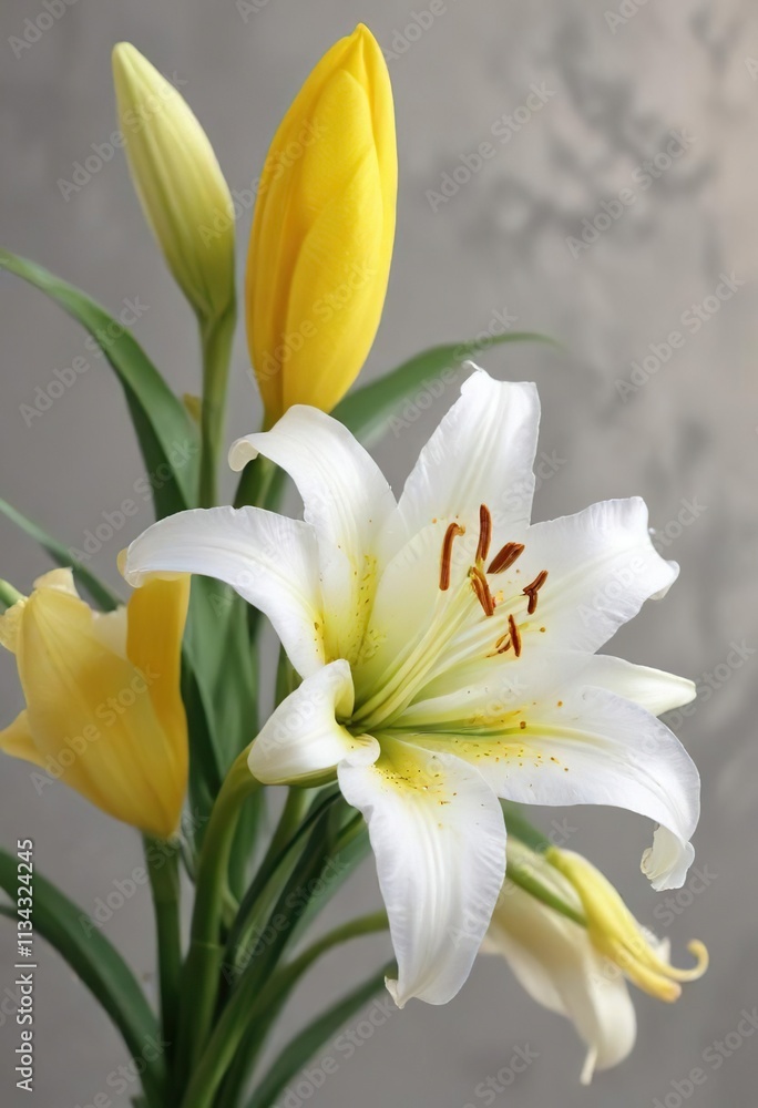 Fototapeta premium A white lily is placed on a yellow lily, forming a delicate balance, stem, isolated