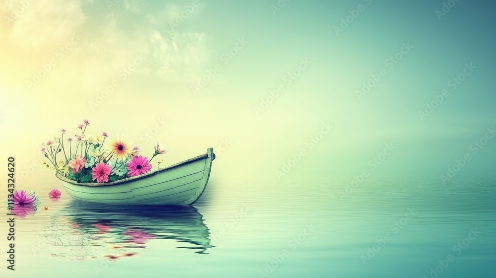 Serene floral arrangement in a small boat on calm water. Serene floral arrangement in a small boat on calm water.