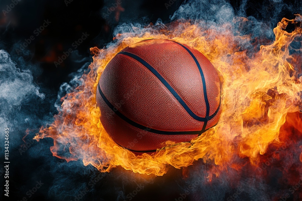 A basketball engulfed in fiery flames, showcasing motion and energy. A basketball engulfed in fiery flames, showcasing motion and energy.