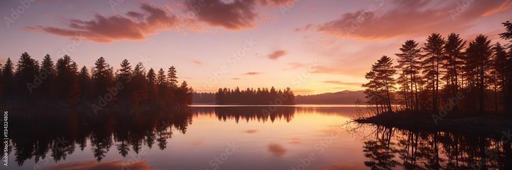 Warm tones of sunset on a lake at dusk with trees, picturesque view, peaceful scene Warm tones of sunset on a lake at dusk with trees, picturesque view, peaceful scene