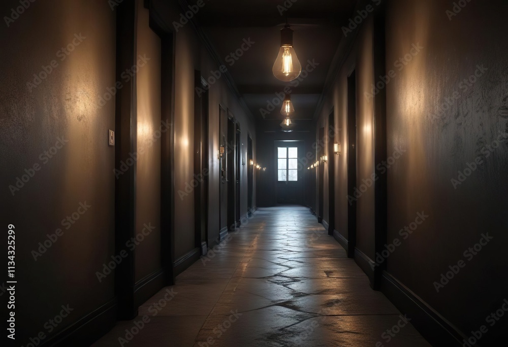 Single bulb illuminating a long and narrow dark hallway, dimness, narrow corridor Single bulb illuminating a long and narrow dark hallway, dimness, narrow corridor