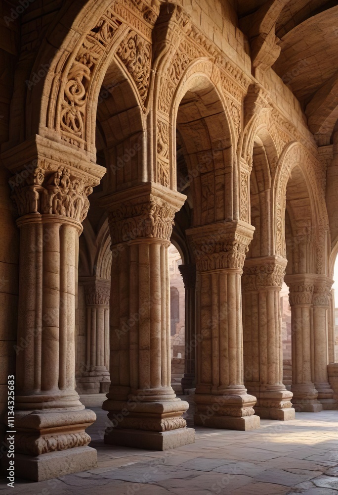 Ancient Romanesque arches with ornate stone carvings, roman architecture, architectural feature, columns Ancient Romanesque arches with ornate stone carvings, roman architecture, architectural feature, columns