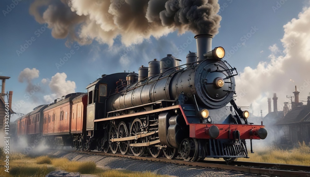 Fototapeta premium Wood steam locomotive with smoke rising from chimney, locomotive, train, wood