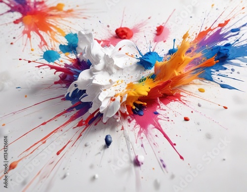 A pristine white art paper surface with vibrant paint splatters and colorful brushstrokes, splattered paint, creative photo