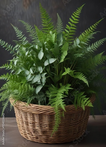 A bundle of fresh eucalyptus and ferns in a natural fiber basket , greenery, basket, ferns photo