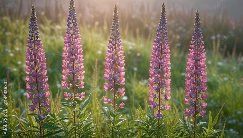 Detailed photo of pink lupin flowers growing among the tall grasses with subtle morning dew, lupin flowers, natural scenery, flower field Detailed photo of pink lupin flowers growing among the tall grasses with subtle morning dew, lupin flowers, natural scenery, flower field