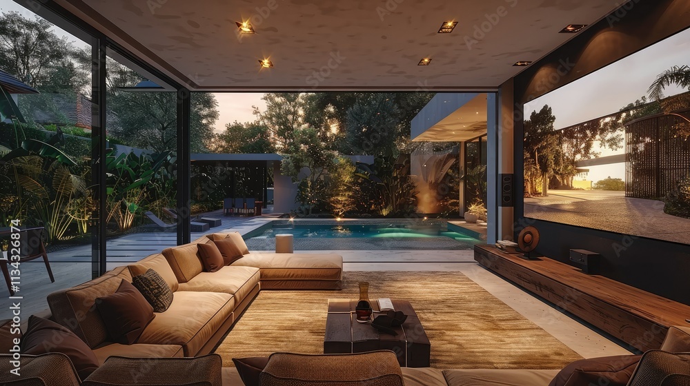 Modern living room with pool view, blending indoor and outdoor spaces. Modern living room with pool view, blending indoor and outdoor spaces.