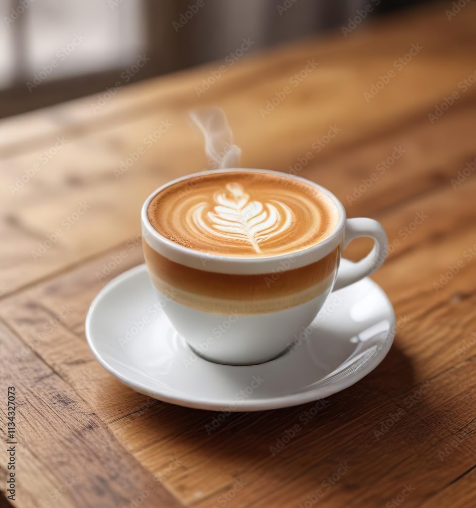 White cup containing latte art coffee on a wooden table with a subtle background blur, coffee, ambiance White cup containing latte art coffee on a wooden table with a subtle background blur, coffee, ambiance
