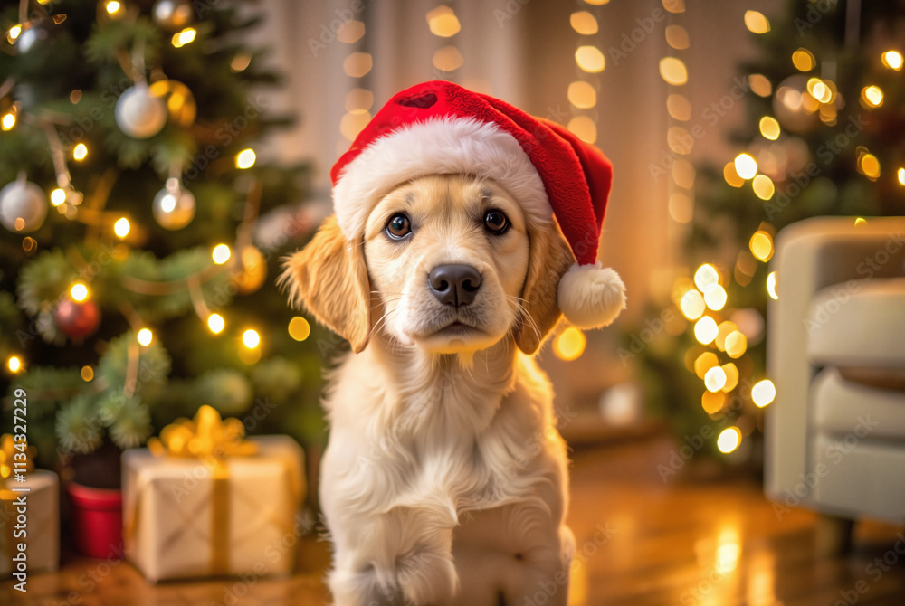 Puppy wearing a Santa hat by a Christmas tree Puppy wearing a Santa hat by a Christmas tree