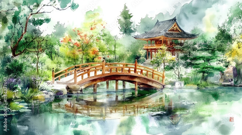watercolor painting of Japanese garden with pond bridge and traditional temple watercolor painting of Japanese garden with pond bridge and traditional temple