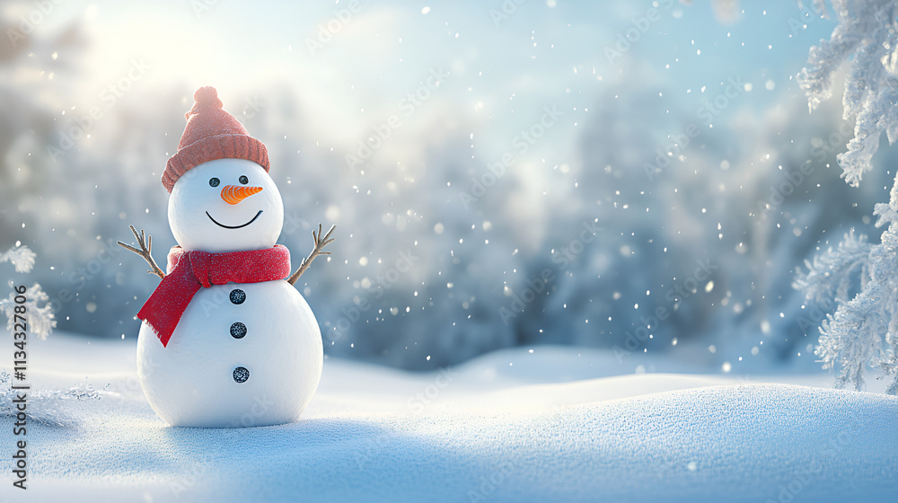 Fototapeta premium Panoramic view of happy snowman in winter secenery Snowman and Snowing Background Snowman in a Beautiful Sunny Winter Day, Generative AI
