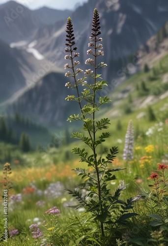 Black cohosh plant growing in a mountain meadow with wildflowers , black cohosh, medicine photo