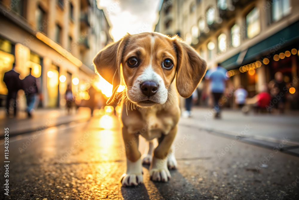 Puppy walking in a festive city street