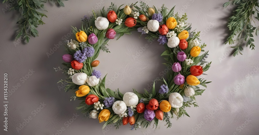 A wreath made from fresh tulips with eucalyptus and lavender branches wrapped in cotton, home decor, greenery A wreath made from fresh tulips with eucalyptus and lavender branches wrapped in cotton, home decor, greenery