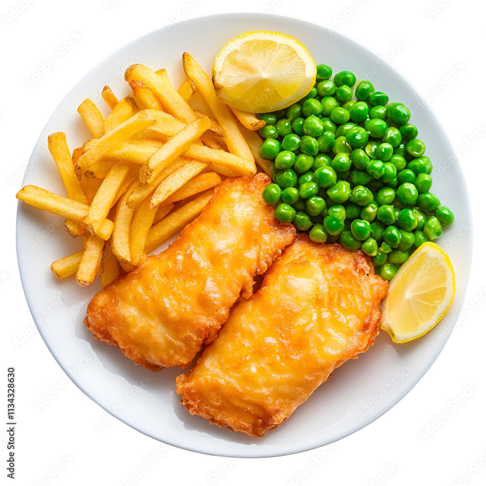 Crispy Fried Fish, Chips, Peas, Lemon Slices Crispy Fried Fish, Chips, Peas, Lemon Slices