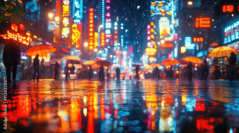 Fototapeta premium Vibrant city scene with umbrellas in the rain