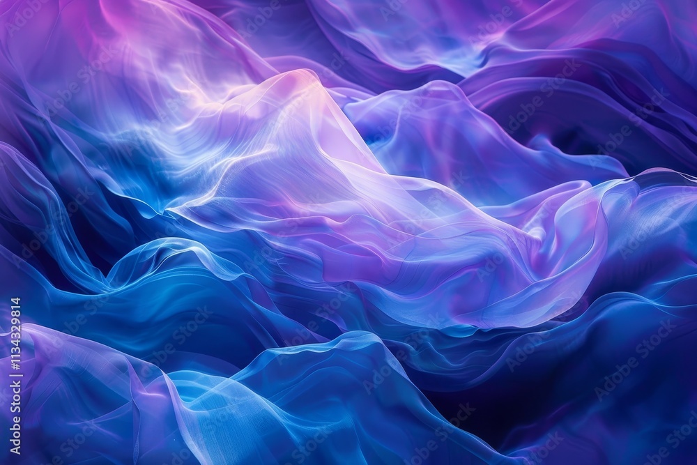 Softly flowing layers of translucent fabric in mesmerizing shades of purple and blue create a dreamlike, ethereal atmosphere with gentle movement and light. Softly flowing layers of translucent fabric in mesmerizing shades of purple and blue create a dreamlike, ethereal atmosphere with gentle movement and light.