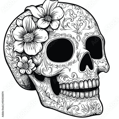 Day of the Dead skull adorned with detailed flowers.