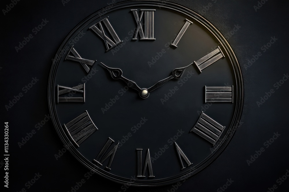 Elegant black wall clock with Roman numerals and a sleek design, evoking a timeless aesthetic. Elegant black wall clock with Roman numerals and a sleek design, evoking a timeless aesthetic.