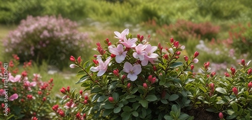 Bearberry plants with flowers Arctostaphylos uva ursi in a meadow, plant, shrub, nature