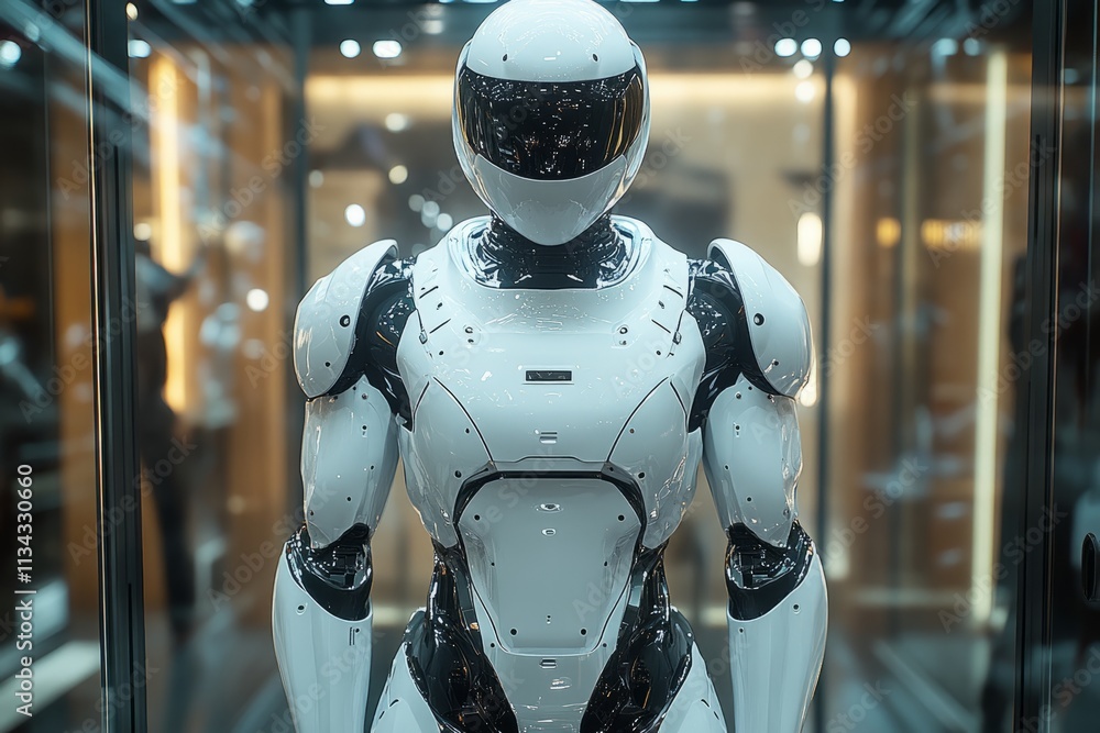 Sleek humanoid robot displayed in a modern glass enclosure Sleek humanoid robot displayed in a modern glass enclosure