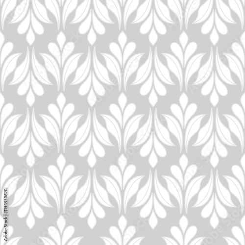 Floral geometric seamless pattern. Gray and white ornament. Fabric for ornament, wallpaper, packaging, vector background.