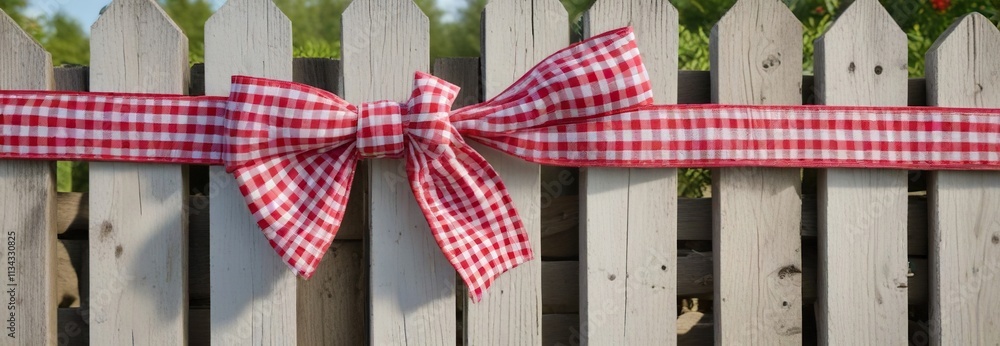 Fototapeta premium Red and white gingham bow tied around a wooden fence post, landscape, white, outdoor