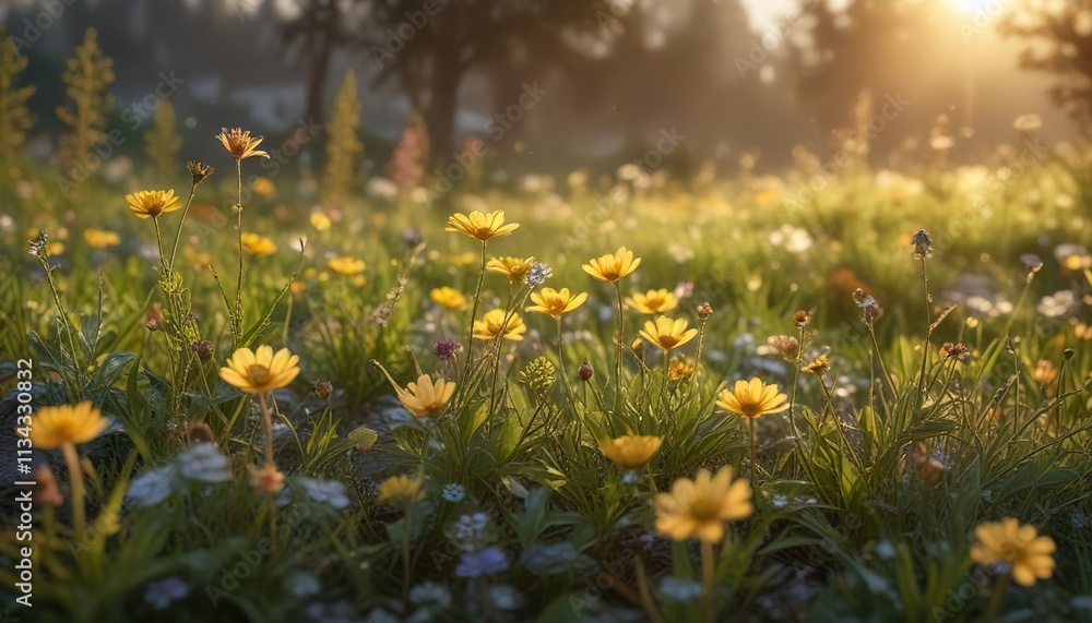 Obraz premium Soft golden light illuminates the wildflowers as morning dew evaporates, nature scene, blooming flowers, dew droplets
