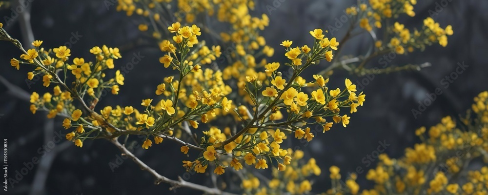 slender branches with clusters of tiny yellow flowers , small flowers, slender branches with clusters of tiny yellow flowers , small flowers,