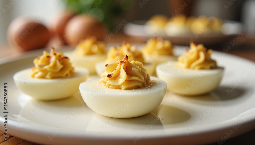 Deviled eggs with creamy filling, warm mood, wooden kitchen table setting Deviled eggs with creamy filling, warm mood, wooden kitchen table setting