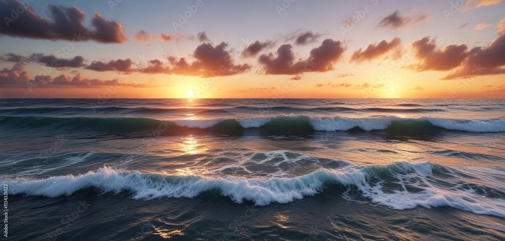 Fototapeta premium A dramatic ocean sunset with a blue sea and small white waves gently lapping at its shore, calm, small waves