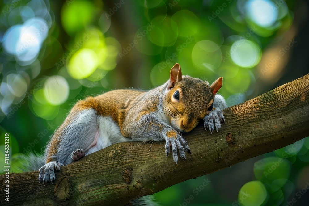 A squirrel rests comfortably on a tree branch, enjoying the warm sunshine. The vibrant green background creates a peaceful atmosphere, perfect for a leisurely afternoon. A squirrel rests comfortably on a tree branch, enjoying the warm sunshine. The vibrant green background creates a peaceful atmosphere, perfect for a leisurely afternoon.