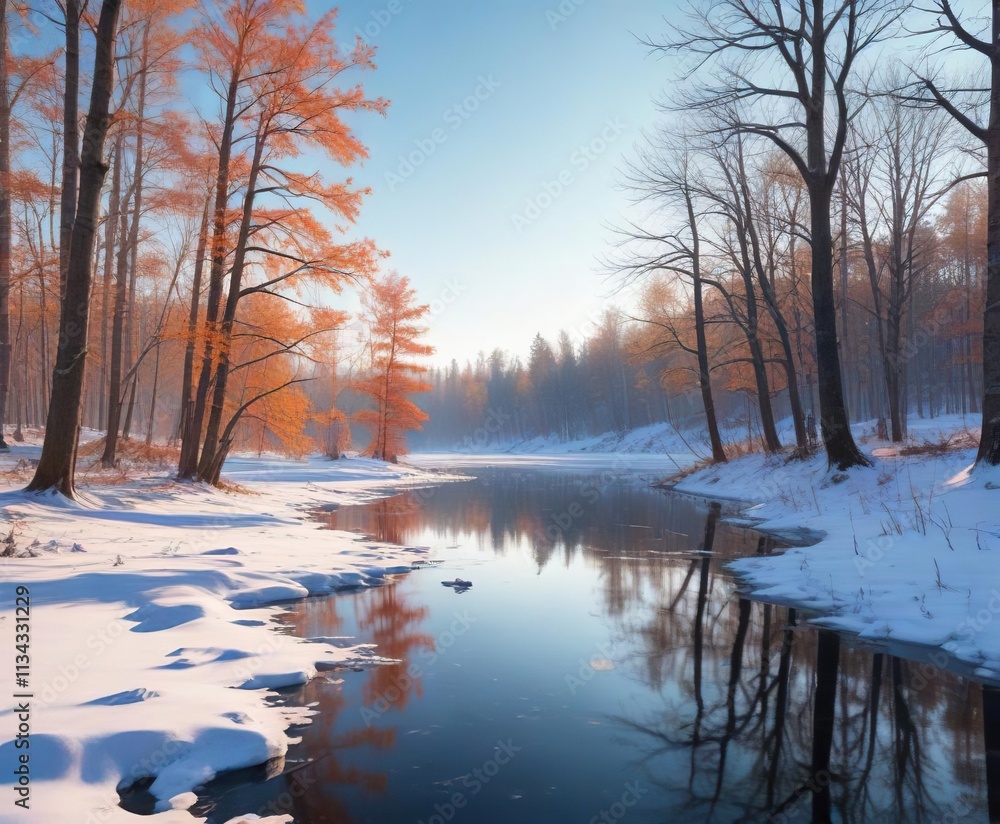 Obraz premium Snowy forest with bare trees and a frozen lake in the distance, nature, frozen