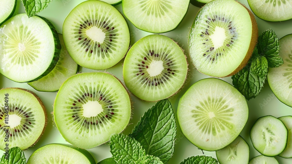 Sliced kiwifruit and mint leaves arranged aesthetically on a green background. Sliced kiwifruit and mint leaves arranged aesthetically on a green background.