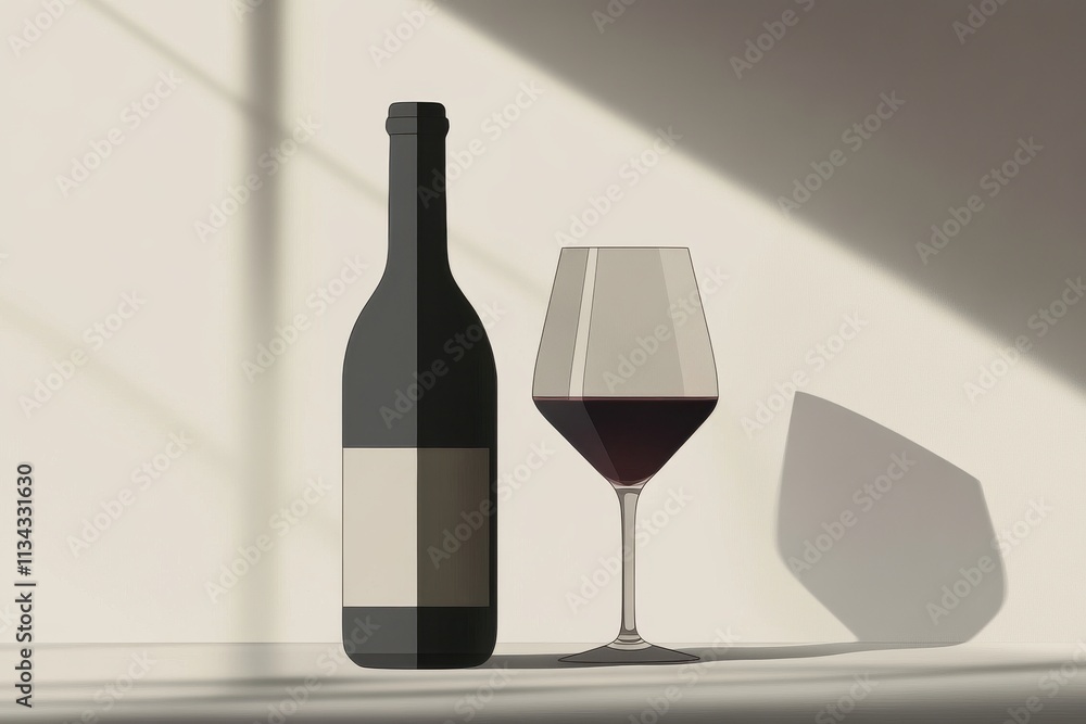 A minimalist composition featuring a dark wine bottle and a glass filled with red wine, casting elegant shadows. A minimalist composition featuring a dark wine bottle and a glass filled with red wine, casting elegant shadows.