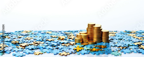 Piles of coins surrounded by blue and gold puzzle pieces on a white background creating a financial theme