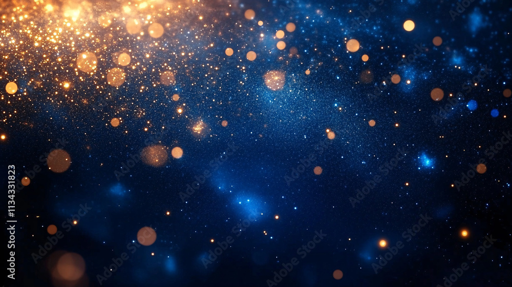 A dreamy cosmic bokeh background featuring shimmering gold and blue particles, perfect for Diwali celebration designs, invitations, or event promotions. A dreamy cosmic bokeh background featuring shimmering gold and blue particles, perfect for Diwali celebration designs, invitations, or event promotions.