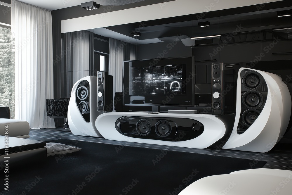 Fototapeta premium Modern living room featuring sleek black and white entertainment system with large speakers and a flat-screen TV.