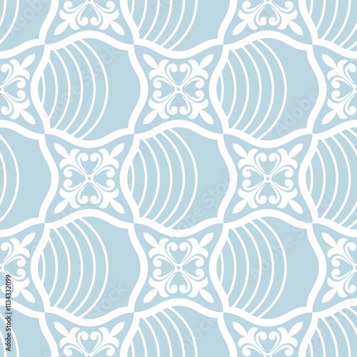 Abstract geometric floral seamless pattern. Blue and white ornament. Modern stylish texture repeating. Vector background.