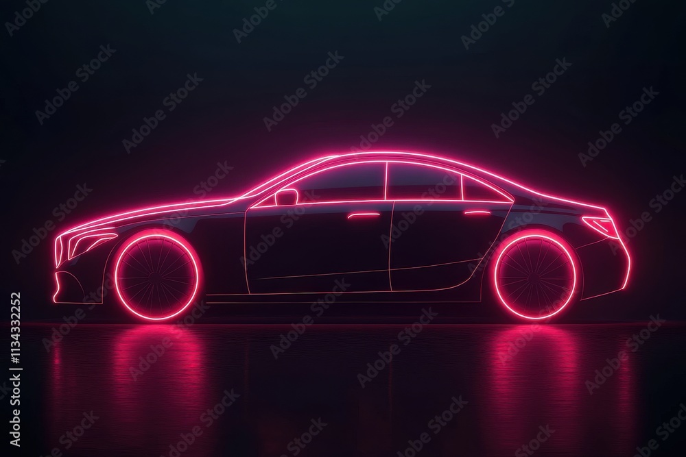 A sleek, modern car outlined in vibrant pink neon lights against a dark backdrop. A sleek, modern car outlined in vibrant pink neon lights against a dark backdrop.