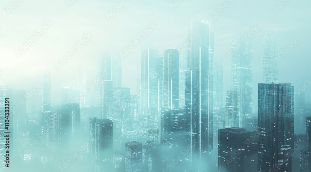 Cityscape of tall, foggy buildings with bright lights. Cityscape of tall, foggy buildings with bright lights.
