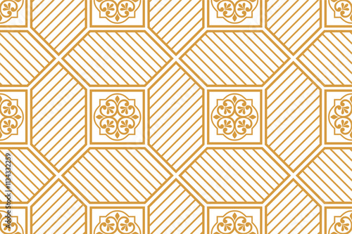 Abstract geometric floral seamless pattern. Gold and white ornament. Modern stylish texture repeating. Vector background.