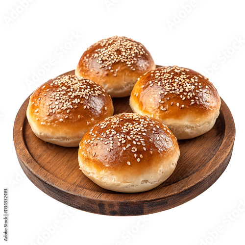 Four Sesame Seed Burger Buns on Wooden Plate