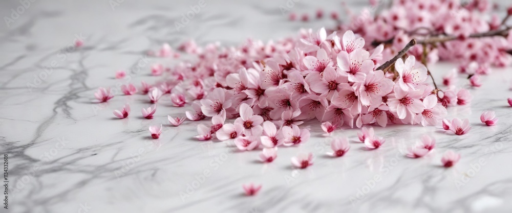 Obraz premium Soft pink cherry blossom petals scattered on a white marble background, soft focus, pastel colors