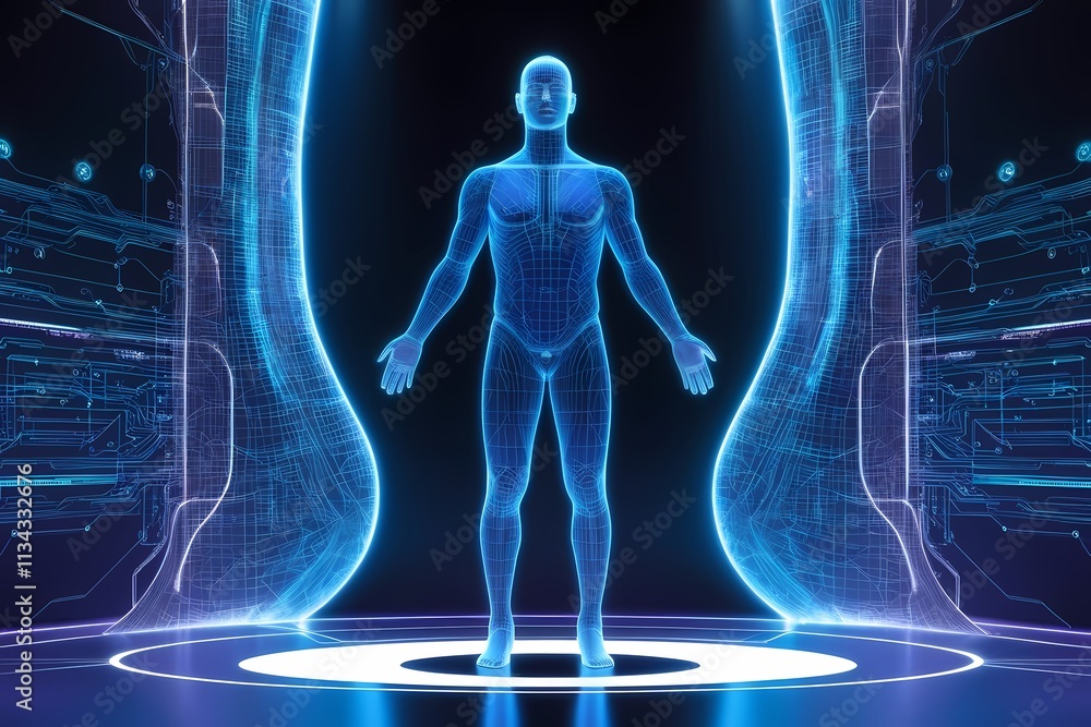 A holographic human figure with a glowing, futuristic design stands with illuminated DNA strands in the background. The scene symbolizes advanced science, genetics, energy, and technology, with vivid A holographic human figure with a glowing, futuristic design stands with illuminated DNA strands in the background. The scene symbolizes advanced science, genetics, energy, and technology, with vivid