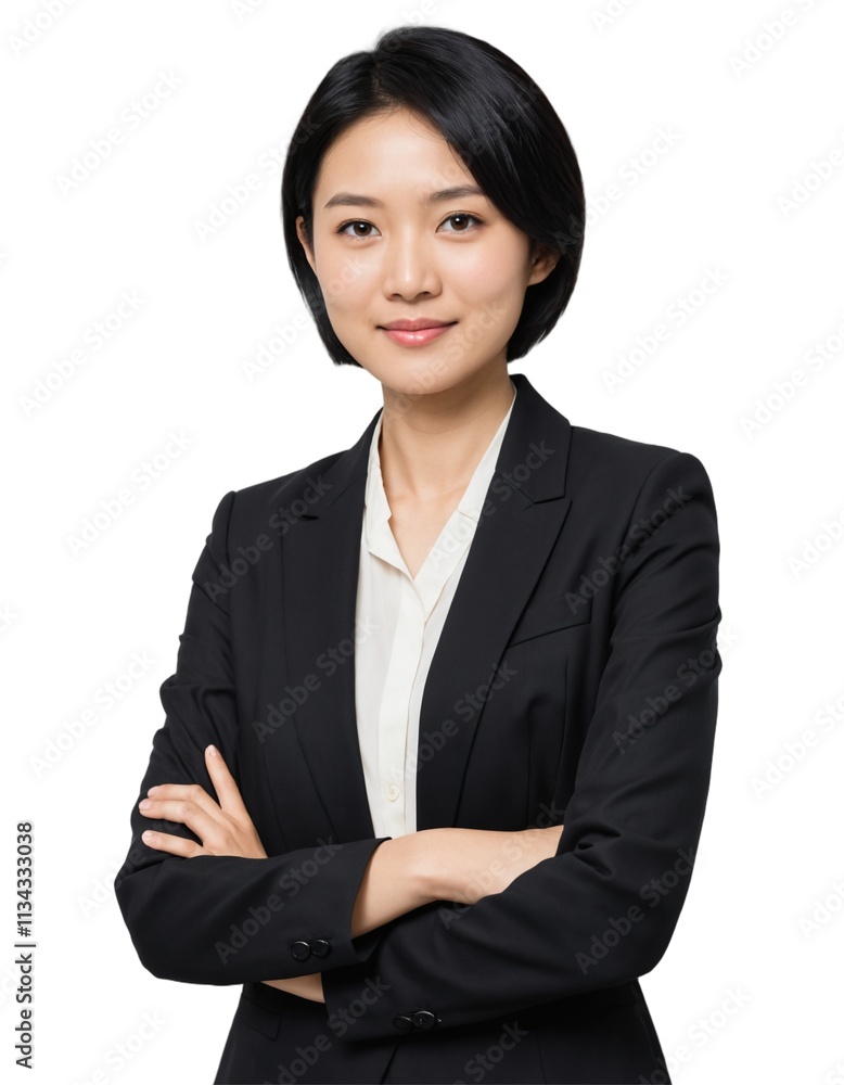young asian girl with short hair wearing office attire with crossed arms . sideways body . ai generate young asian girl with short hair wearing office attire with crossed arms . sideways body . ai generate