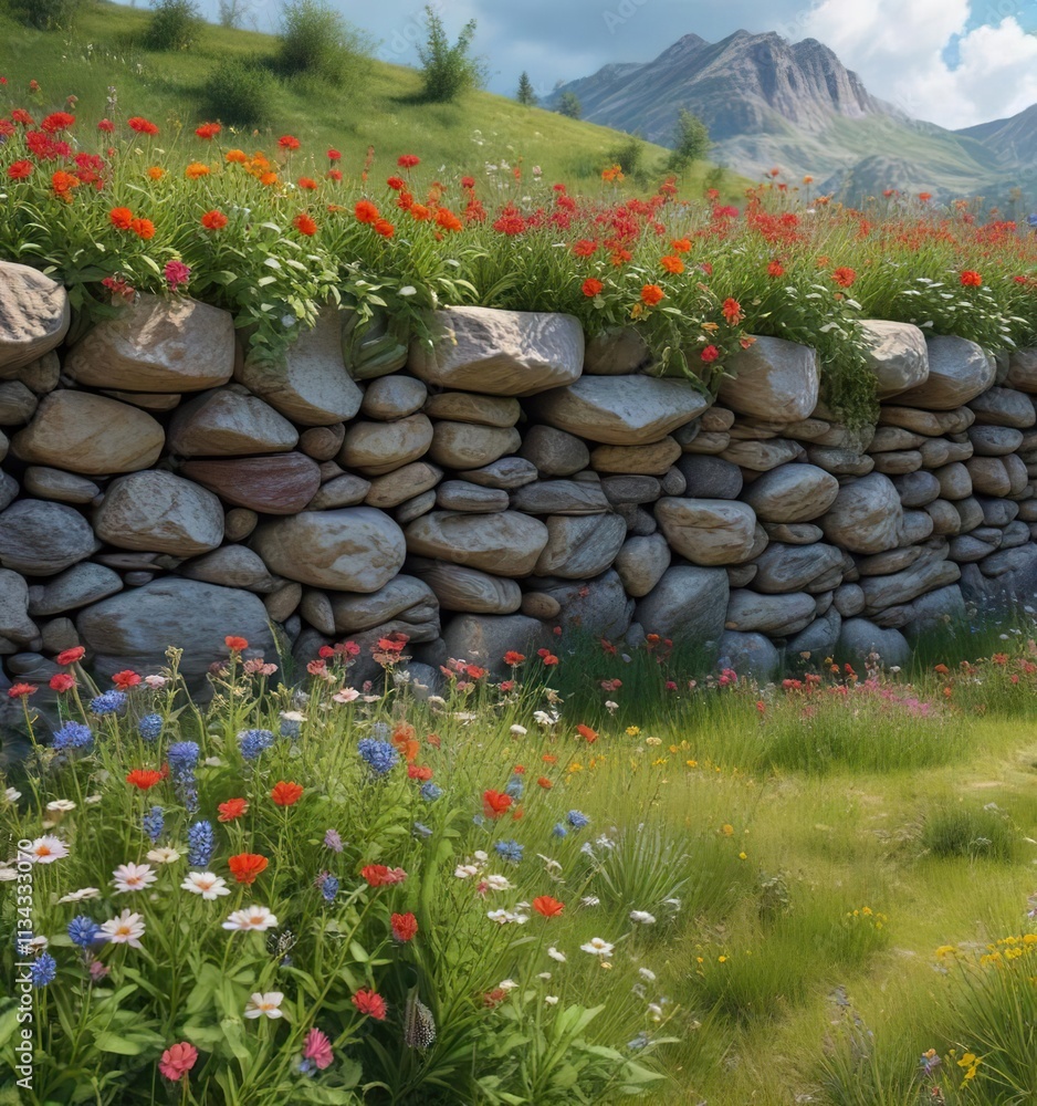 stone wall with vines and wildflowers in a meadow, wildflowers, vines stone wall with vines and wildflowers in a meadow, wildflowers, vines